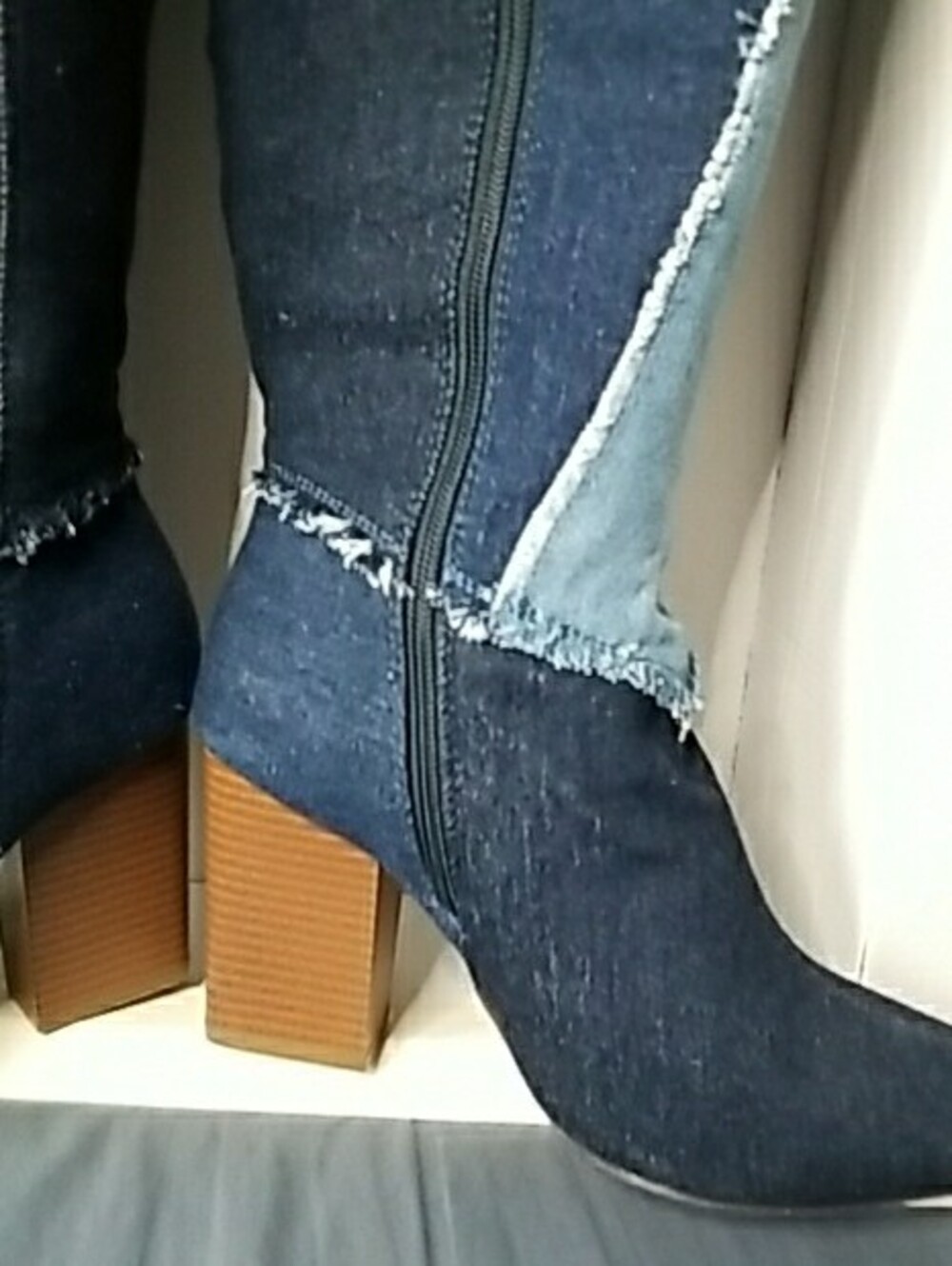 Patchwork Denim Knee-High Boots - Blue - Picture 11 of 16